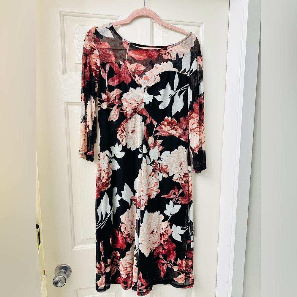 Kate & Lily Chic Long Sleeve Floral Dress in Black and Pink Stretchy L XL 12